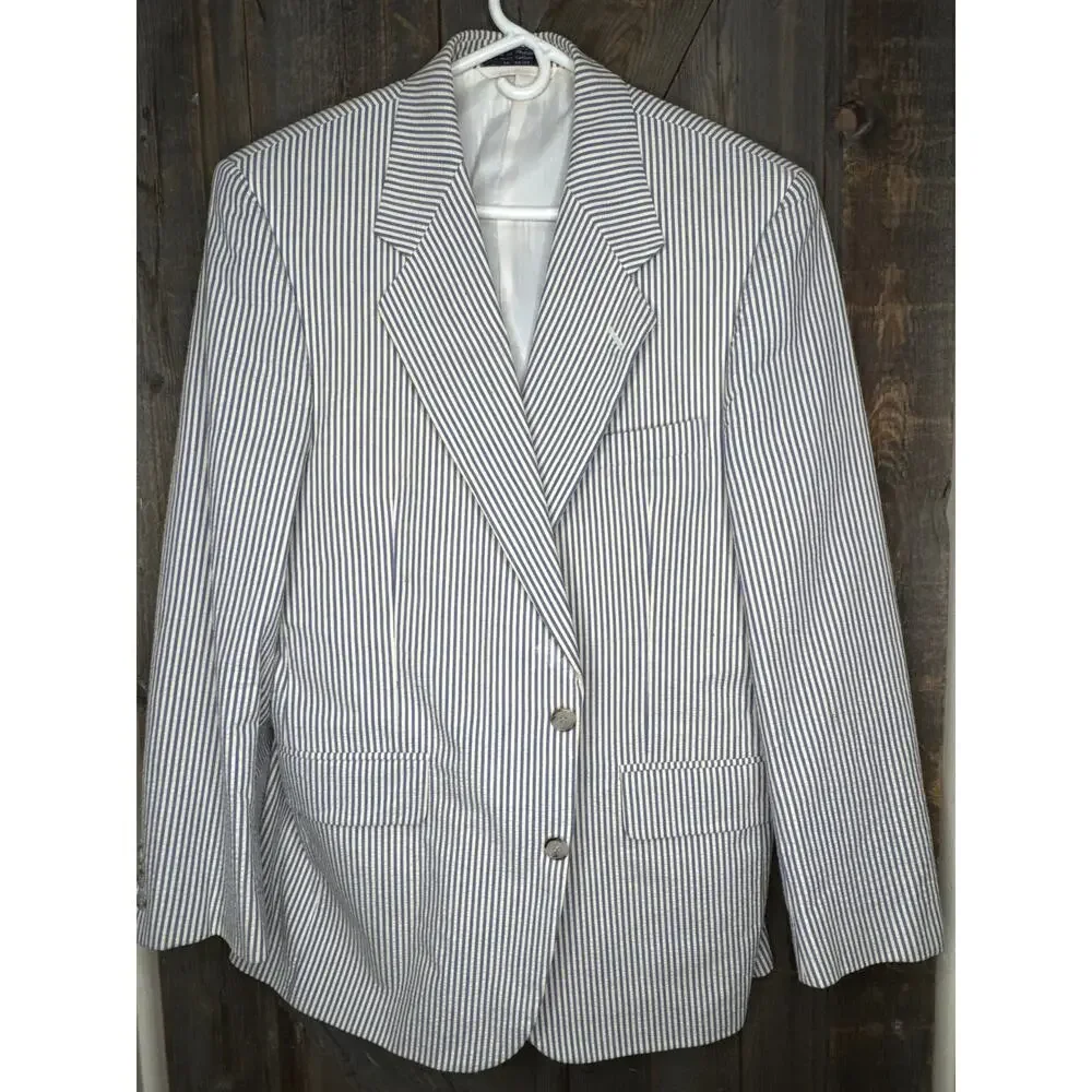 Hardy Amies Vintage Two-Piece Suit 36x30 White w/ Blue Stripes 100% Cotton